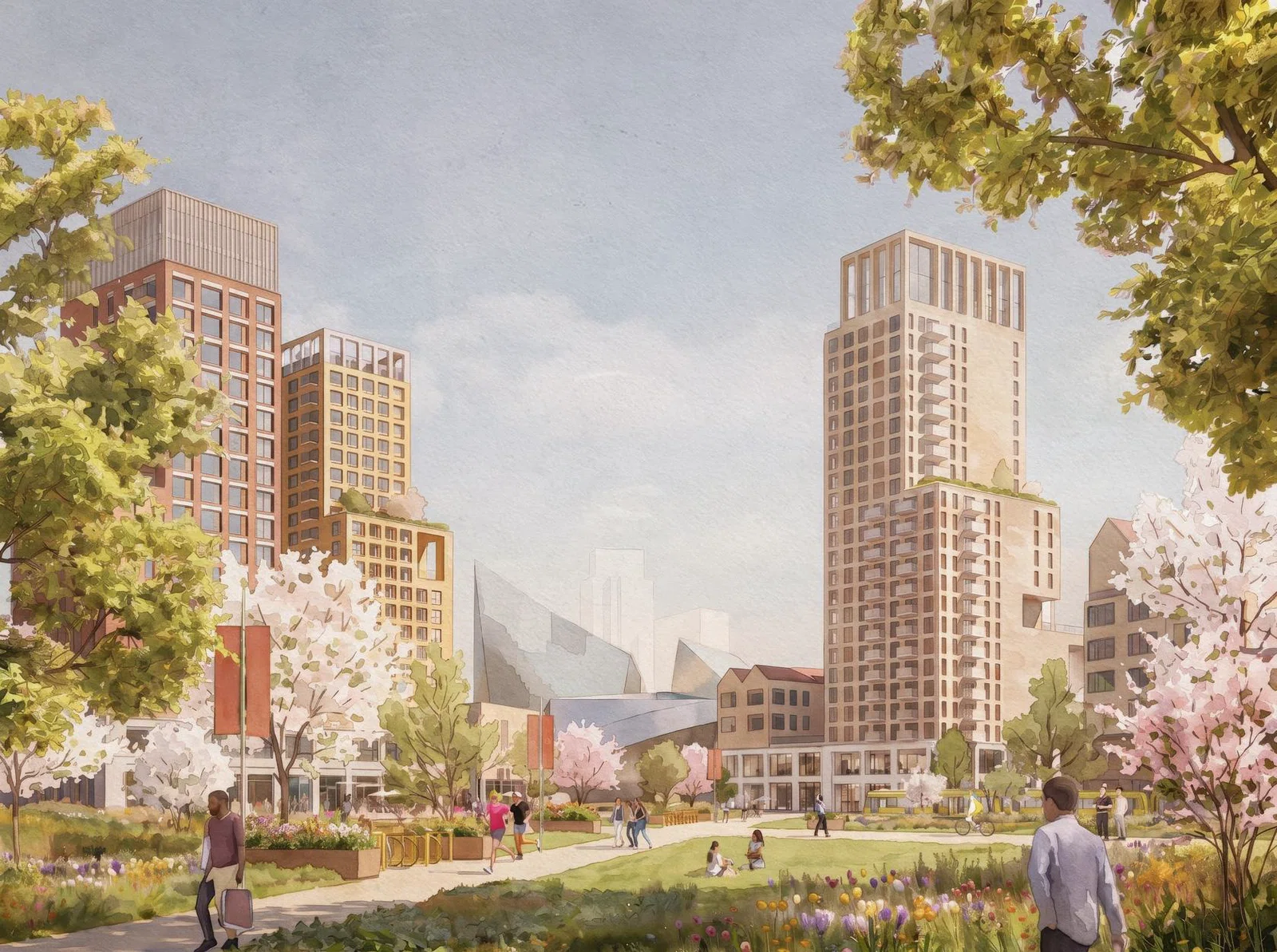 Illustrative masterplan view showing green spaces and waterfront within Trafford Wharfside
