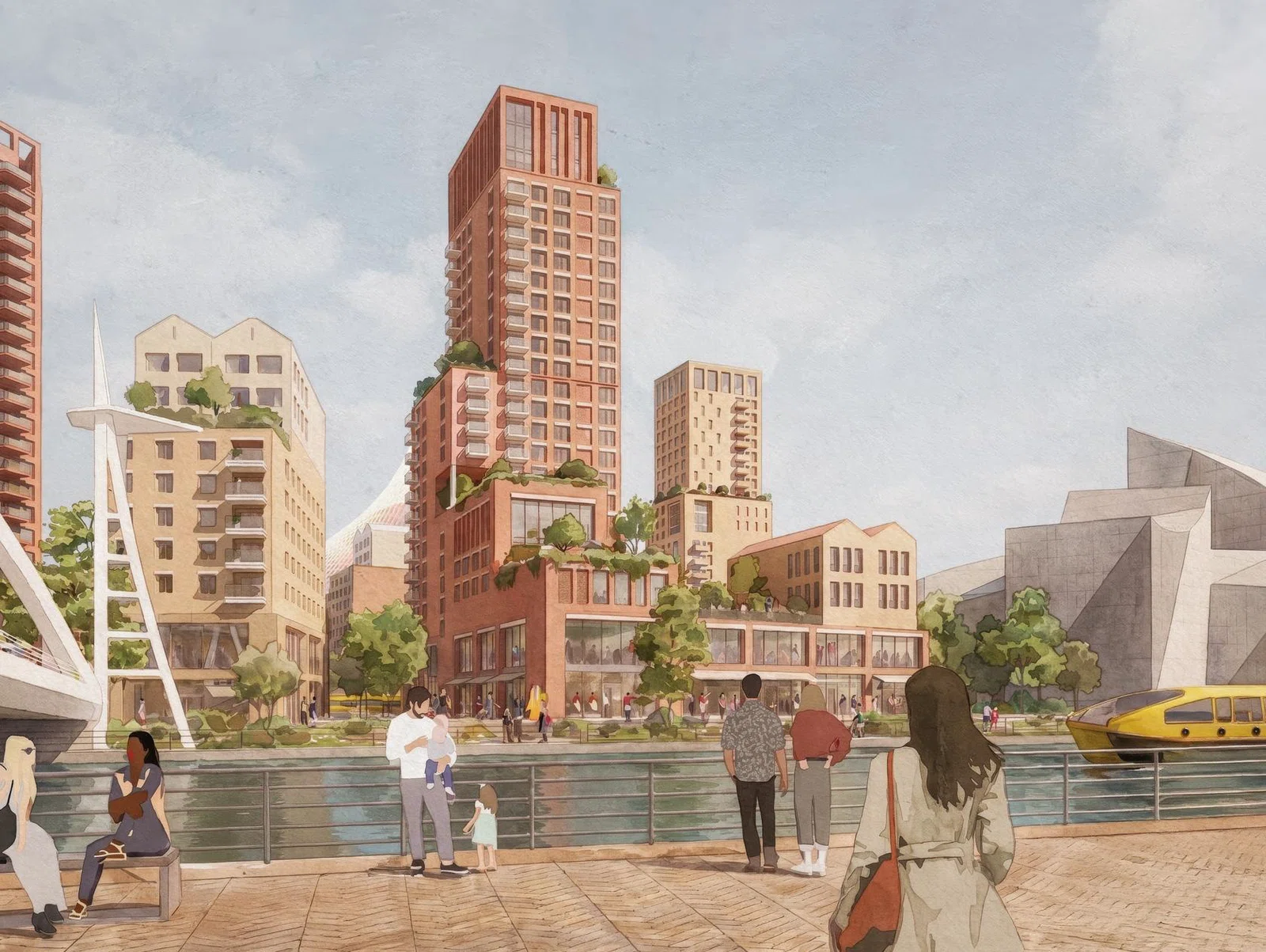 Illustrative masterplan view of the Stadium District showing pedestrian approach