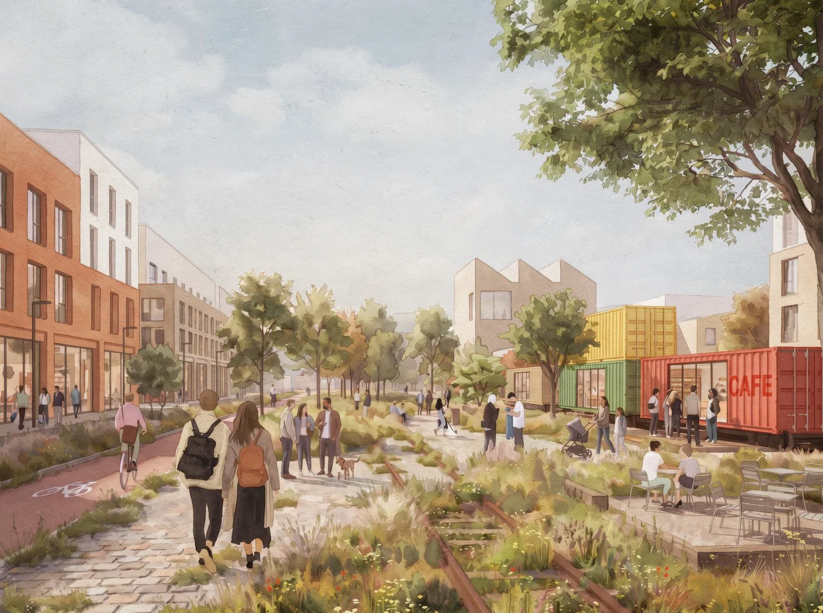 Illustrative masterplan view showing new neighbourhoods proposed as part of Trafford Wharfside