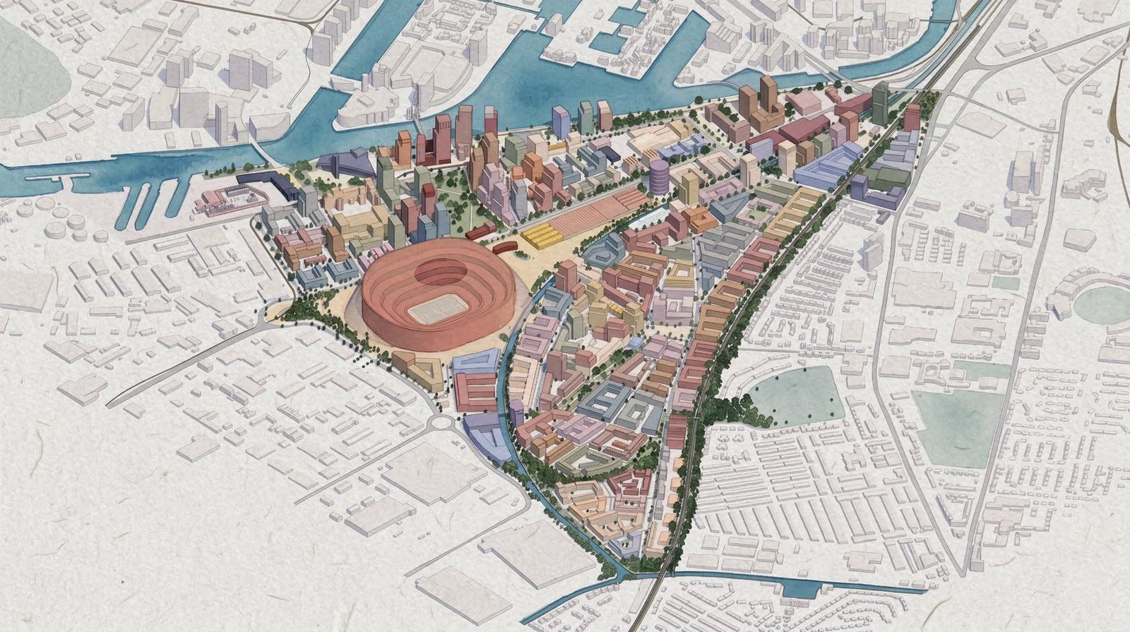 Illustrative masterplan view of the proposed Stadium District in context