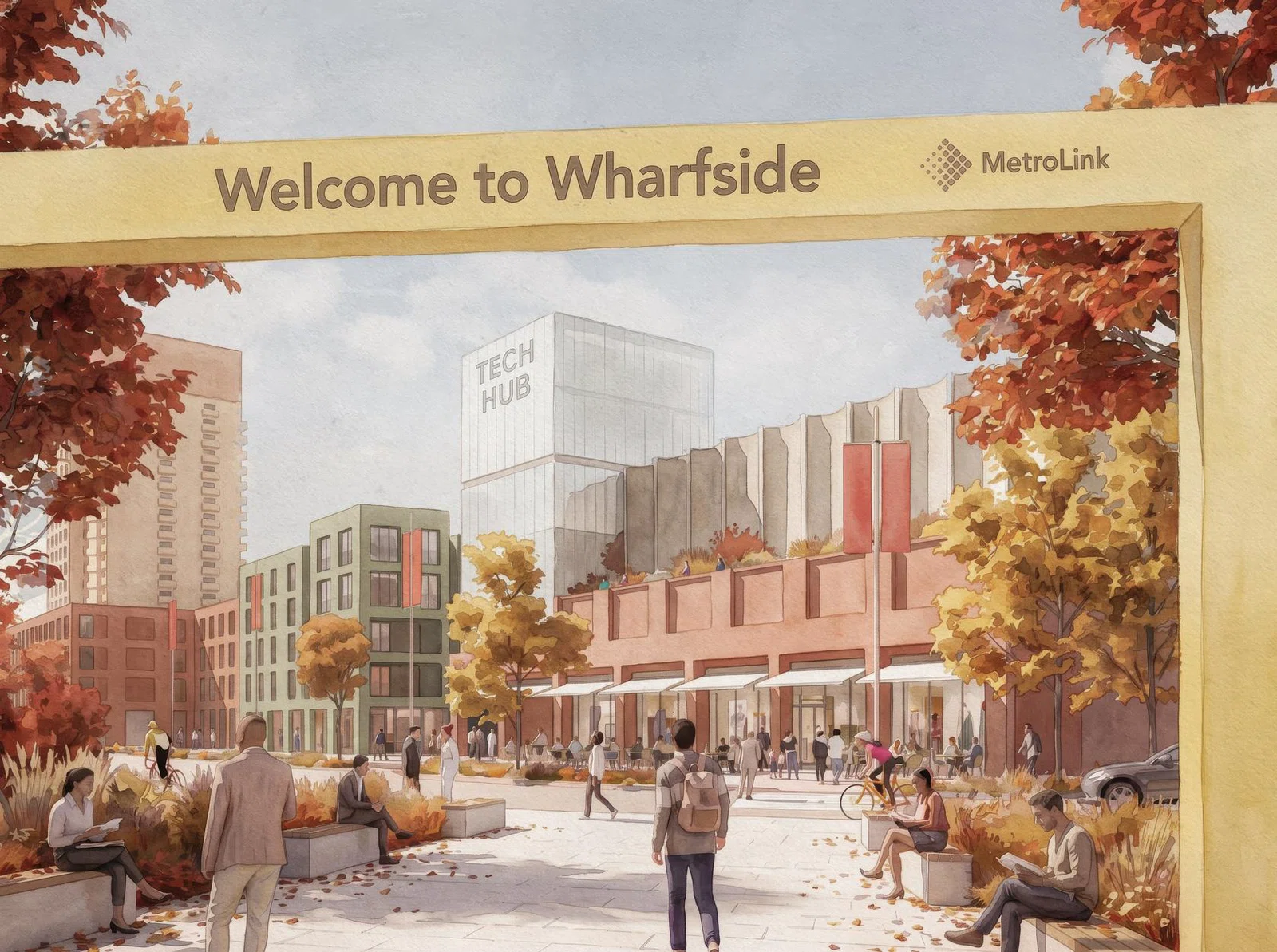 Illustrative masterplan view showing housing and mixed-use blocks proposed at Trafford Wharfside