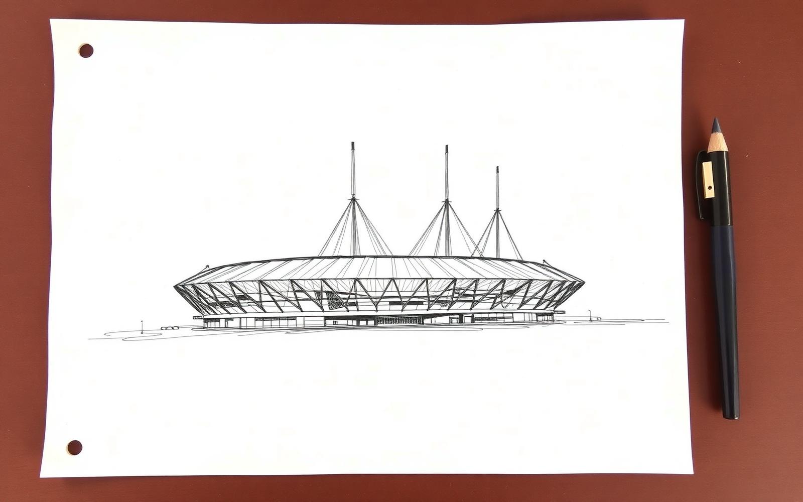 Early architectural sketch of a stadium with three tall masts, presented as a concept only